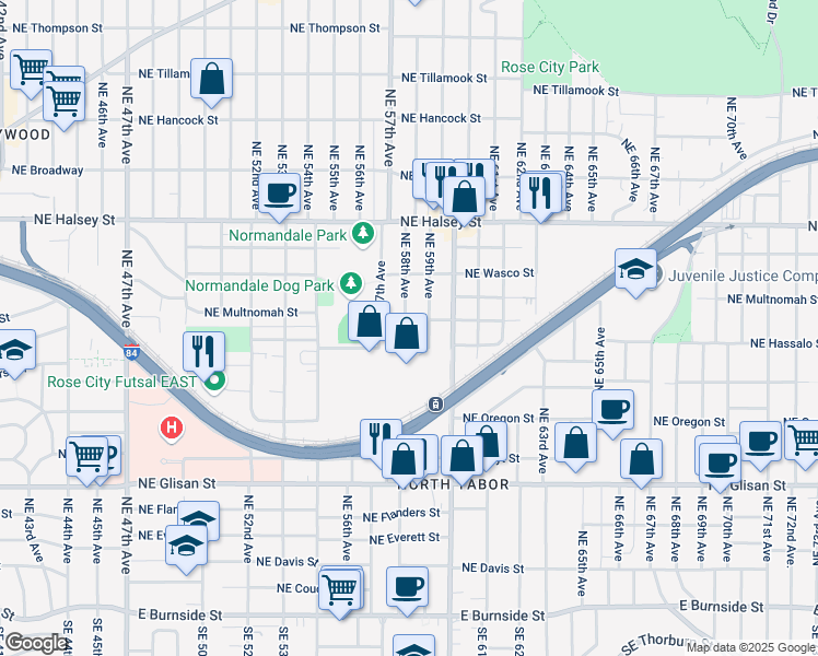 map of restaurants, bars, coffee shops, grocery stores, and more near 5808 Northeast Hassalo Street in Portland