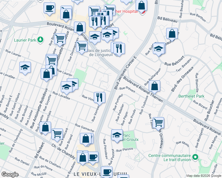 map of restaurants, bars, coffee shops, grocery stores, and more near 537 Boulevard Jacques-Cartier Est in Longueuil