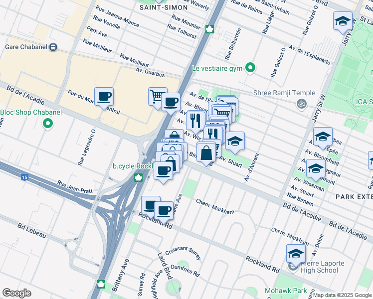 map of restaurants, bars, coffee shops, grocery stores, and more near 8605 Rue Birnam in Montréal