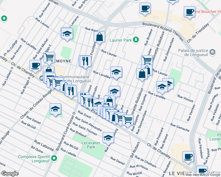 map of restaurants, bars, coffee shops, grocery stores, and more near 224 Rue Benoit Est in Longueuil