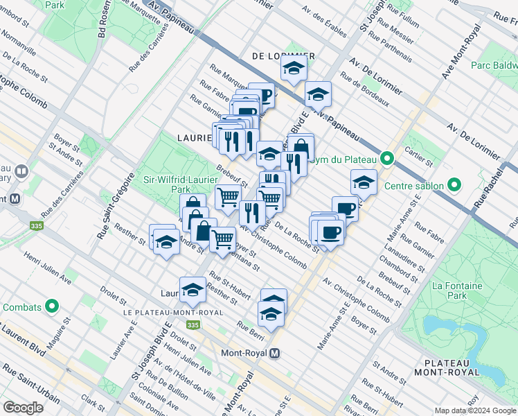 map of restaurants, bars, coffee shops, grocery stores, and more near 4851 Rue de la Roche in Montréal