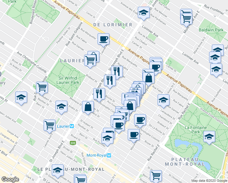 map of restaurants, bars, coffee shops, grocery stores, and more near 4707 Rue de Brébeuf in Montréal
