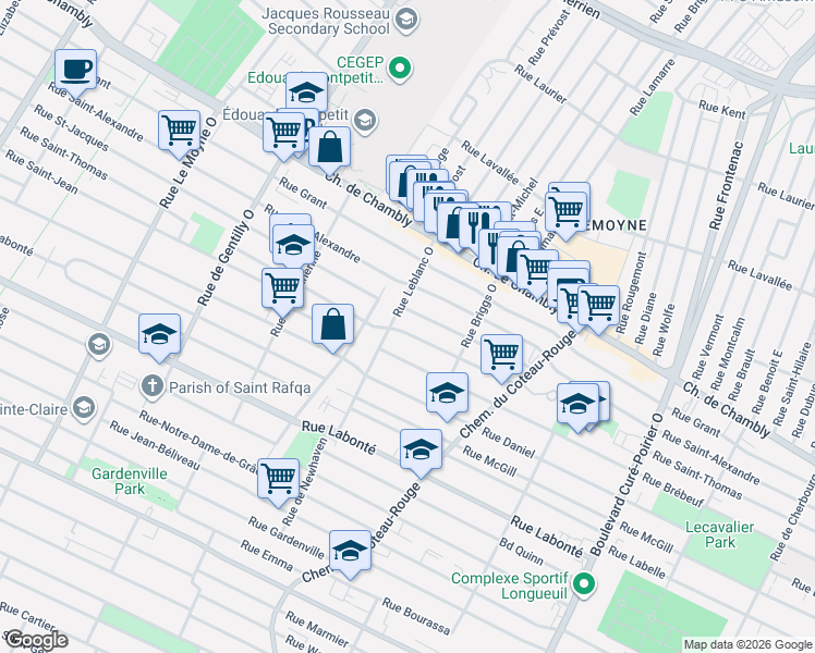 map of restaurants, bars, coffee shops, grocery stores, and more near 1155 Rue Saint-Thomas in Longueuil