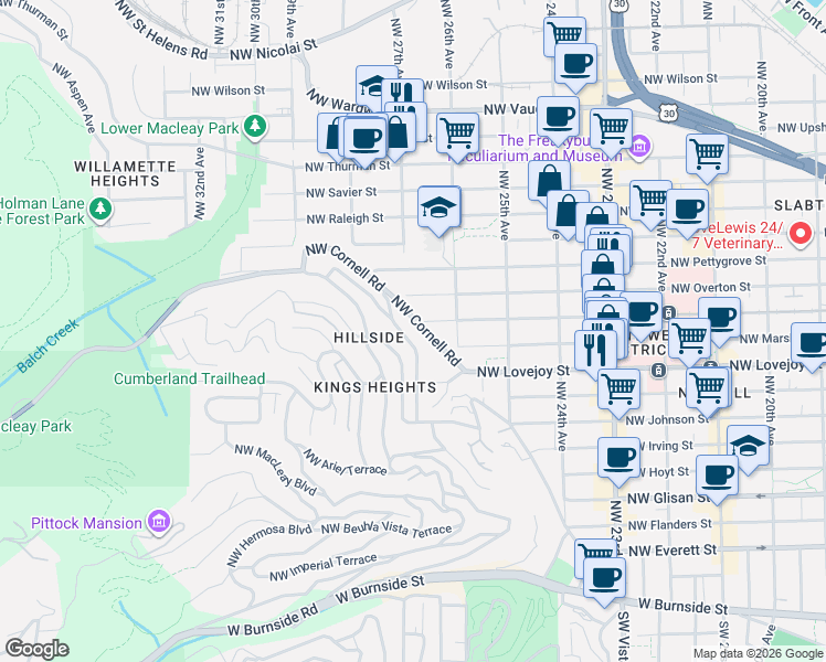 map of restaurants, bars, coffee shops, grocery stores, and more near 2658 Northwest Cornell Road in Portland