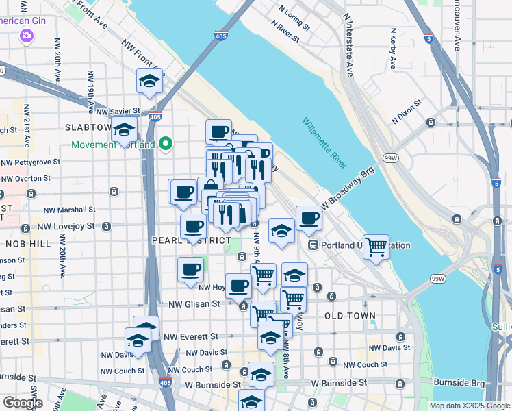 map of restaurants, bars, coffee shops, grocery stores, and more near NW Marshall St & NW 9th Ave in Portland