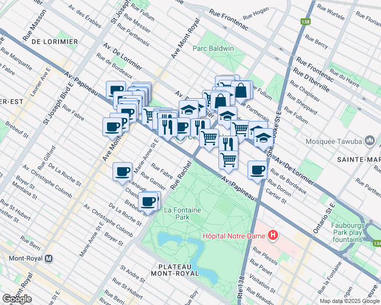 map of restaurants, bars, coffee shops, grocery stores, and more near 4255 Avenue Papineau in Montreal