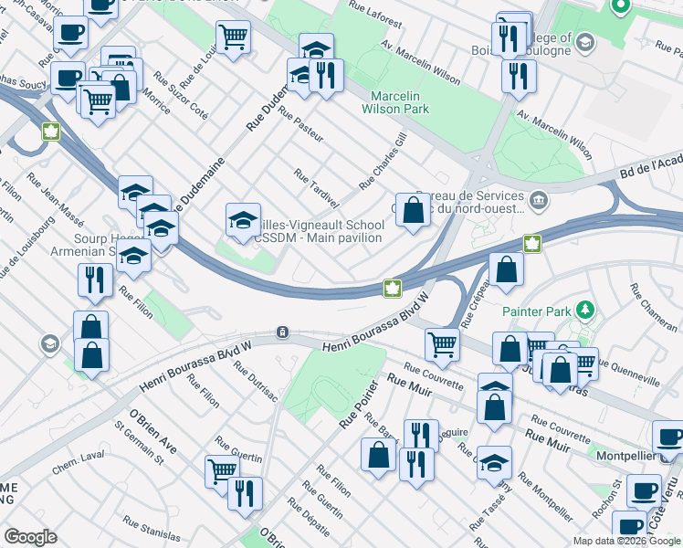 map of restaurants, bars, coffee shops, grocery stores, and more near 10832 Rue James-Morrice in Montréal