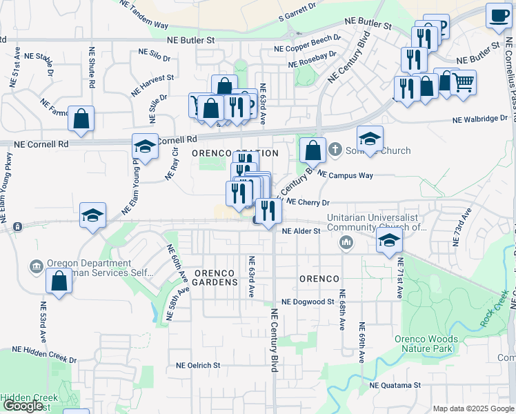 map of restaurants, bars, coffee shops, grocery stores, and more near in Hillsboro