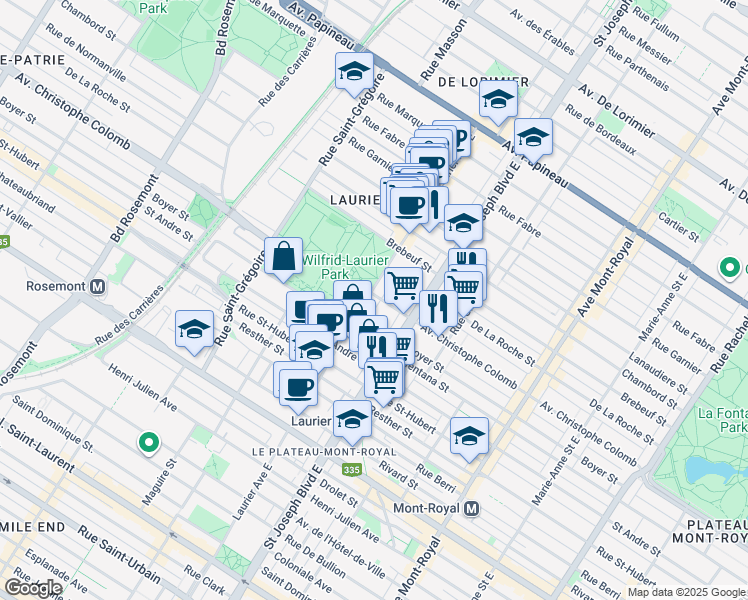 map of restaurants, bars, coffee shops, grocery stores, and more near 1058 Avenue Laurier Est in Montréal