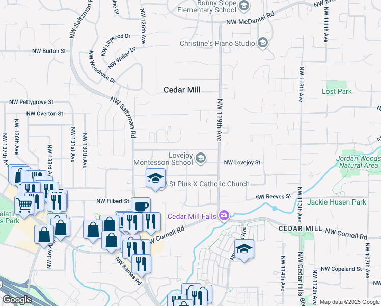 map of restaurants, bars, coffee shops, grocery stores, and more near 12170 Northwest Marshall Street in Portland
