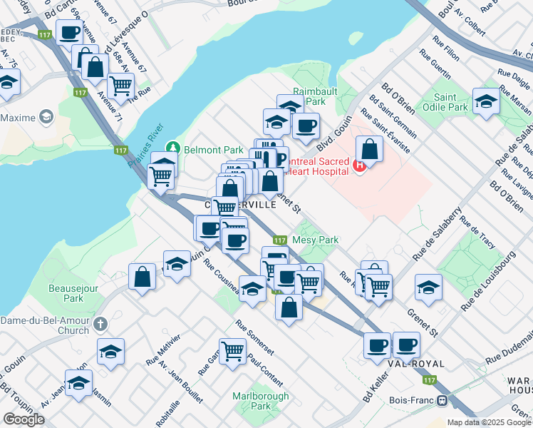 map of restaurants, bars, coffee shops, grocery stores, and more near 12250 Rue Ranger in Montréal
