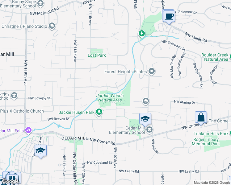 map of restaurants, bars, coffee shops, grocery stores, and more near 1593 Northwest Jennifer Place in Portland