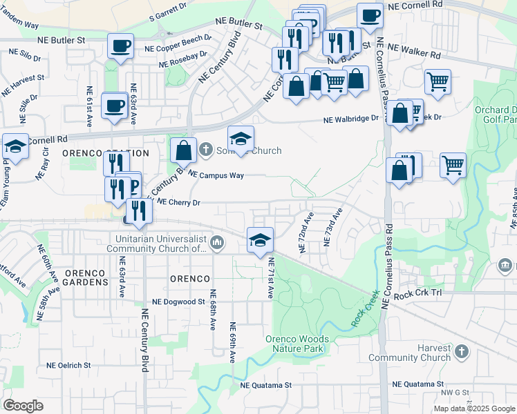 map of restaurants, bars, coffee shops, grocery stores, and more near 7052 Northeast Cherry Drive in Hillsboro
