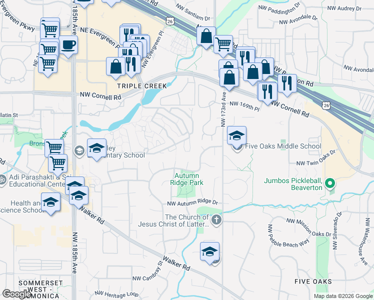 map of restaurants, bars, coffee shops, grocery stores, and more near 1630 Northwest Eastbrook Court in Beaverton