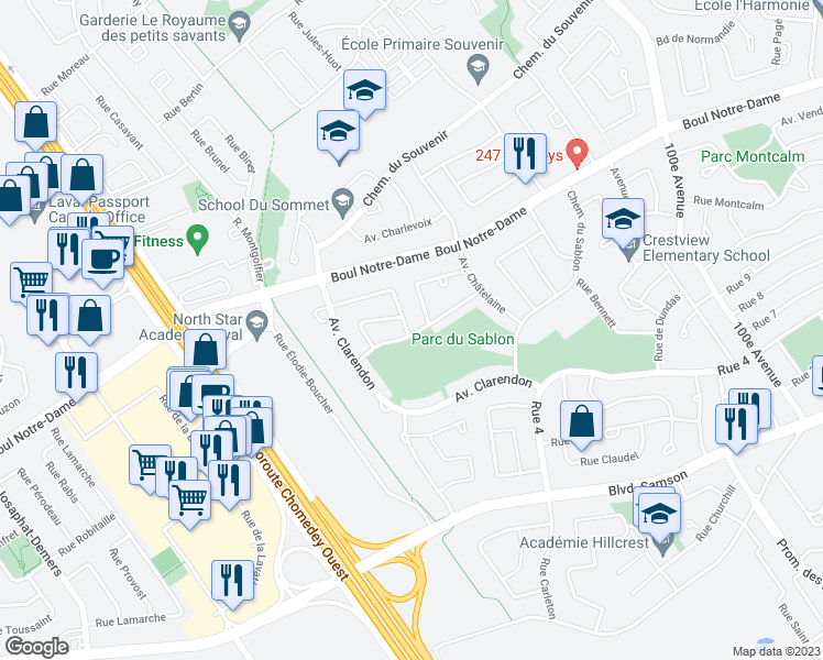 map of restaurants, bars, coffee shops, grocery stores, and more near 5165 Avenue de Cannes in Laval