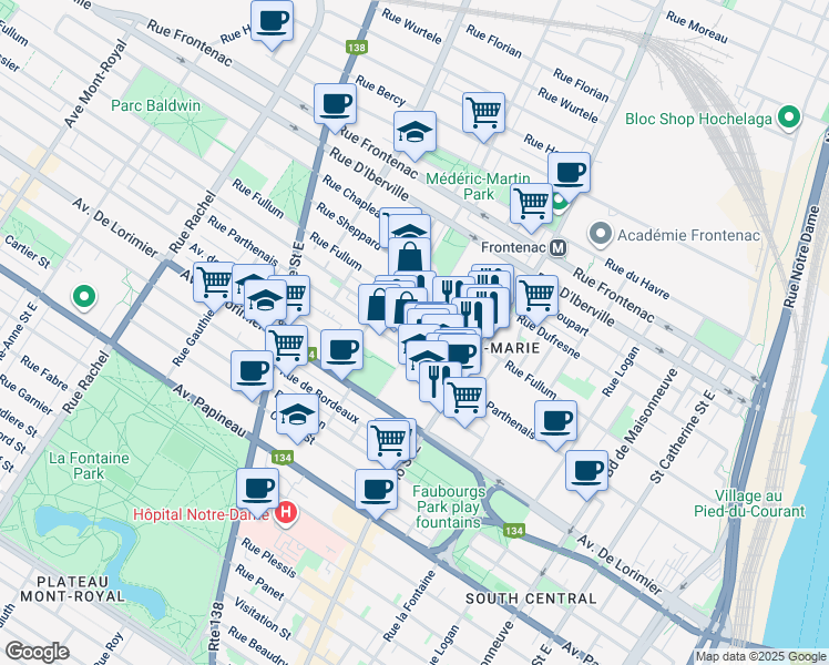 map of restaurants, bars, coffee shops, grocery stores, and more near 2247 Rue Larivière in Montréal