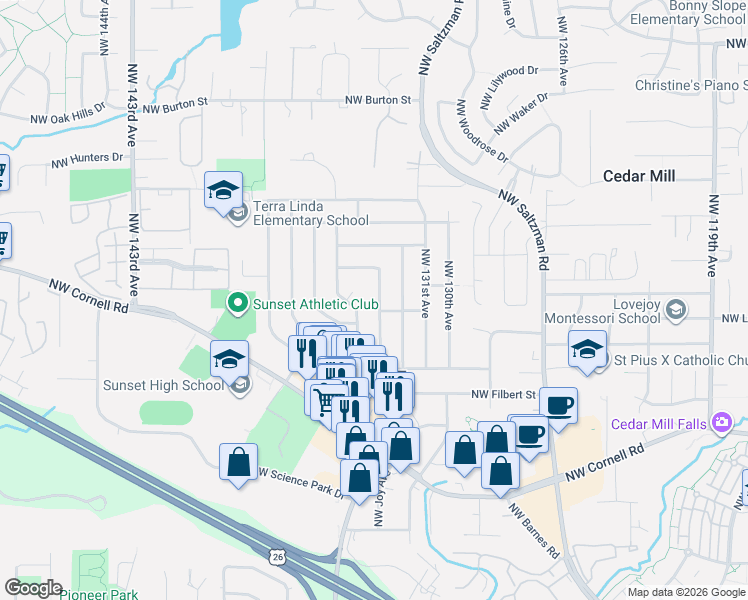 map of restaurants, bars, coffee shops, grocery stores, and more near 1515 Northwest 133rd Avenue in Portland