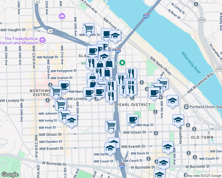 map of restaurants, bars, coffee shops, grocery stores, and more near in Portland