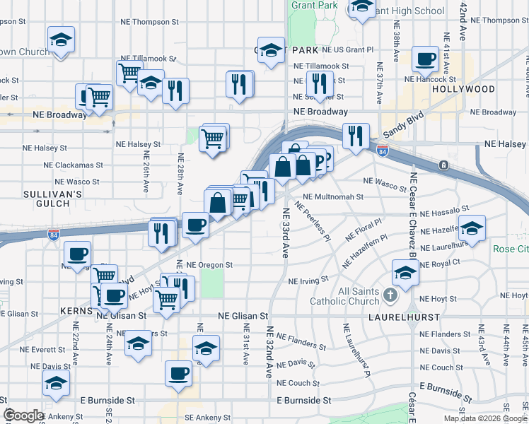 map of restaurants, bars, coffee shops, grocery stores, and more near 3140 Northeast Sandy Boulevard in Portland