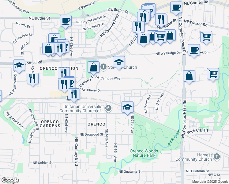 map of restaurants, bars, coffee shops, grocery stores, and more near 6998 Northeast Cherry Drive in Hillsboro