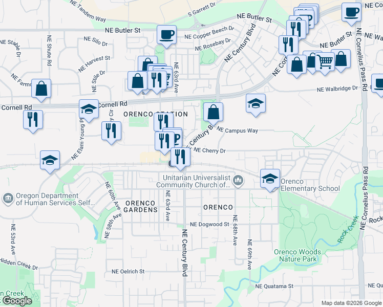 map of restaurants, bars, coffee shops, grocery stores, and more near 6520 Northeast Cherry Drive in Hillsboro