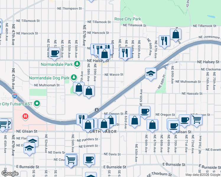 map of restaurants, bars, coffee shops, grocery stores, and more near 6116-6118 Northeast Hassalo Street in Portland
