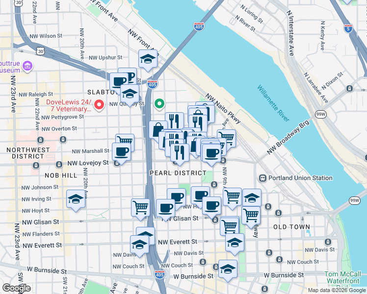 map of restaurants, bars, coffee shops, grocery stores, and more near 1229 Northwest Marshall Street in Portland