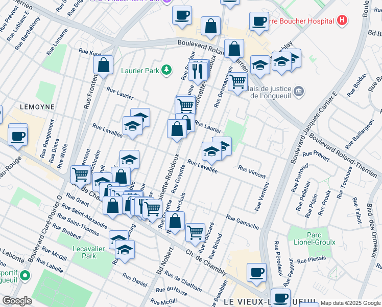 map of restaurants, bars, coffee shops, grocery stores, and more near 328 Rue Goyette in Longueuil