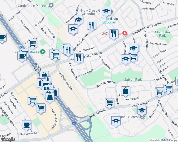 map of restaurants, bars, coffee shops, grocery stores, and more near 5165 Avenue de Cannes in Laval