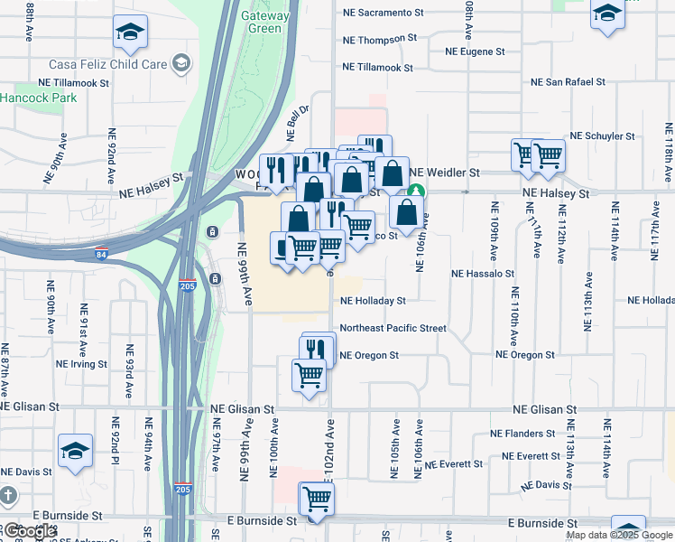 map of restaurants, bars, coffee shops, grocery stores, and more near 1112 Northeast 102nd Avenue in Portland