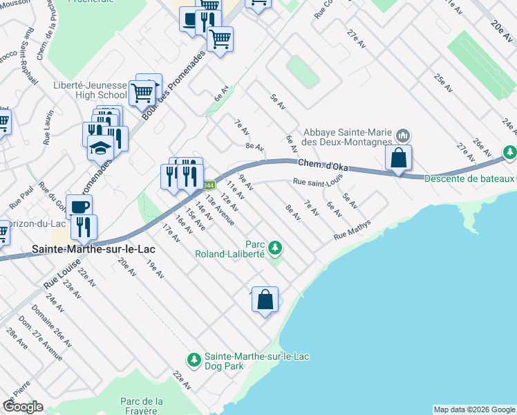 map of restaurants, bars, coffee shops, grocery stores, and more near 53 11e Avenue in Saint-Eustache