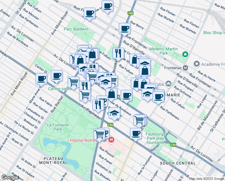 map of restaurants, bars, coffee shops, grocery stores, and more near in Montréal