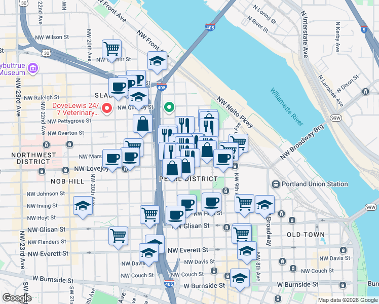 map of restaurants, bars, coffee shops, grocery stores, and more near 1235 Northwest Marshall Street in Portland
