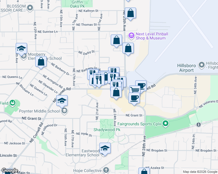 map of restaurants, bars, coffee shops, grocery stores, and more near 2225 Northeast Cornell Road in Hillsboro