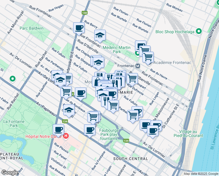 map of restaurants, bars, coffee shops, grocery stores, and more near 2072 Rue Fullum in Montréal
