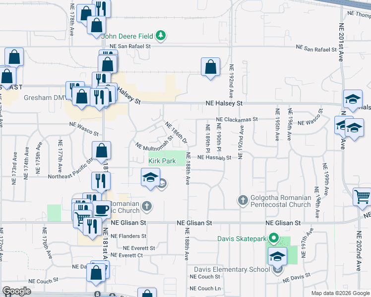 map of restaurants, bars, coffee shops, grocery stores, and more near 18716 Northeast Multnomah Terrace in Portland