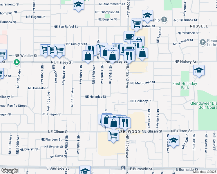 map of restaurants, bars, coffee shops, grocery stores, and more near 1126 Northeast 118th Avenue in Portland