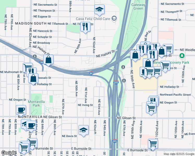 map of restaurants, bars, coffee shops, grocery stores, and more near 9240 Northeast Hassalo Street in Portland