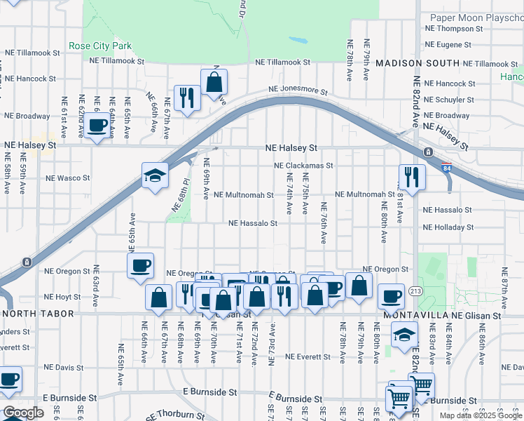 map of restaurants, bars, coffee shops, grocery stores, and more near 1145 Northeast 72nd Avenue in Portland