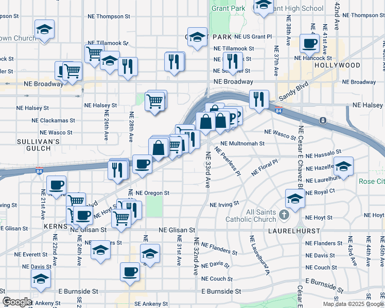 map of restaurants, bars, coffee shops, grocery stores, and more near 3101 Northeast Sandy Boulevard in Portland