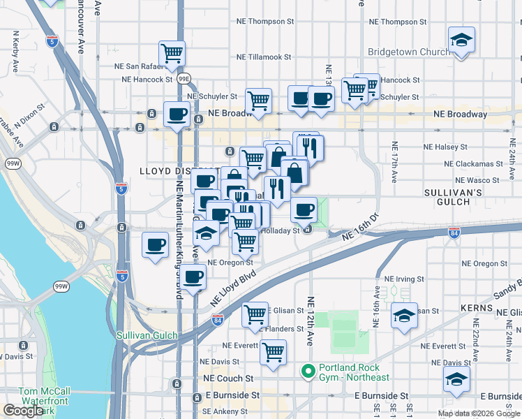 map of restaurants, bars, coffee shops, grocery stores, and more near 1107 Northeast 9th Avenue in Portland