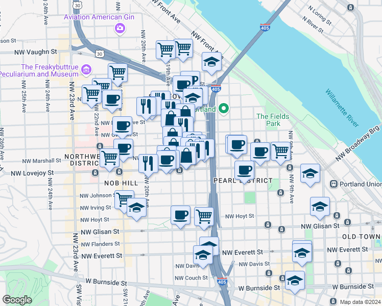 map of restaurants, bars, coffee shops, grocery stores, and more near 1126 Northwest 18th Avenue in Portland