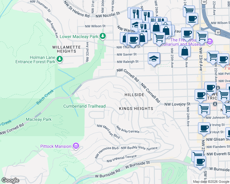 map of restaurants, bars, coffee shops, grocery stores, and more near 2885 Northwest Shenandoah Terrace in Portland