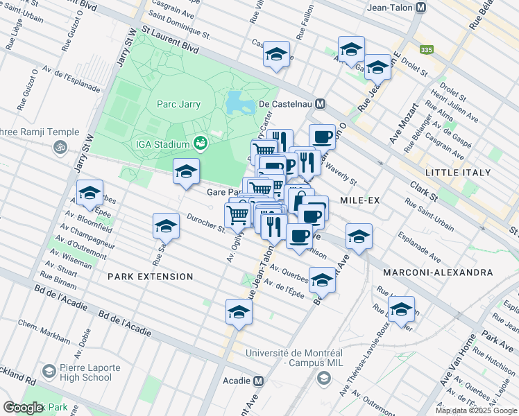 map of restaurants, bars, coffee shops, grocery stores, and more near 395 Rue Jean-Talon Ouest in Montréal