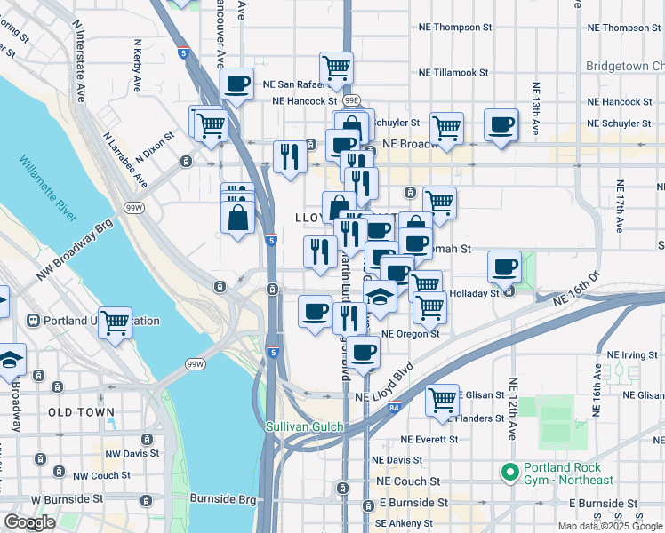 map of restaurants, bars, coffee shops, grocery stores, and more near 304 Northeast Multnomah Street in Portland