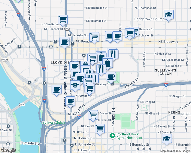 map of restaurants, bars, coffee shops, grocery stores, and more near 1107 Northeast 9th Avenue in Portland