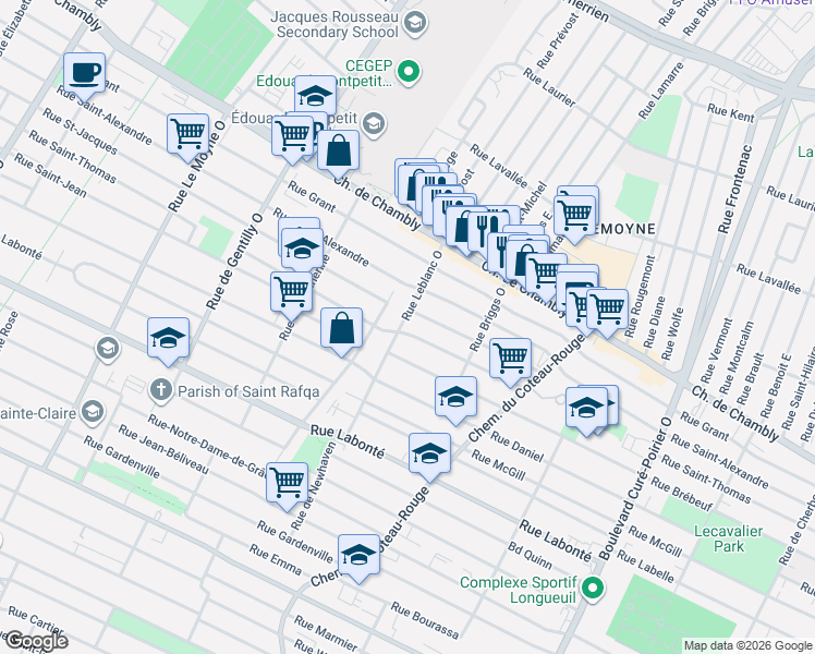 map of restaurants, bars, coffee shops, grocery stores, and more near 1155 Rue Saint-Thomas in Longueuil