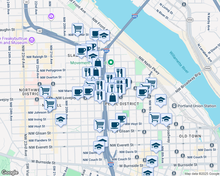 map of restaurants, bars, coffee shops, grocery stores, and more near 1104 Northwest 15th Avenue in Portland