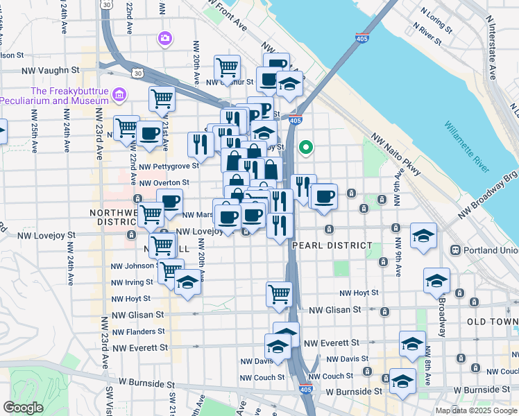 map of restaurants, bars, coffee shops, grocery stores, and more near 1715 Northwest Marshall Street in Portland