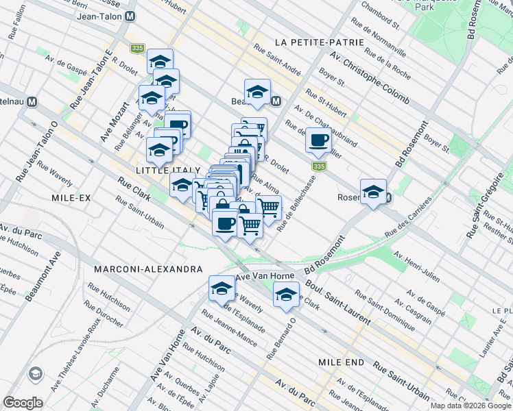 map of restaurants, bars, coffee shops, grocery stores, and more near 6315 Avenue Casgrain in Montréal